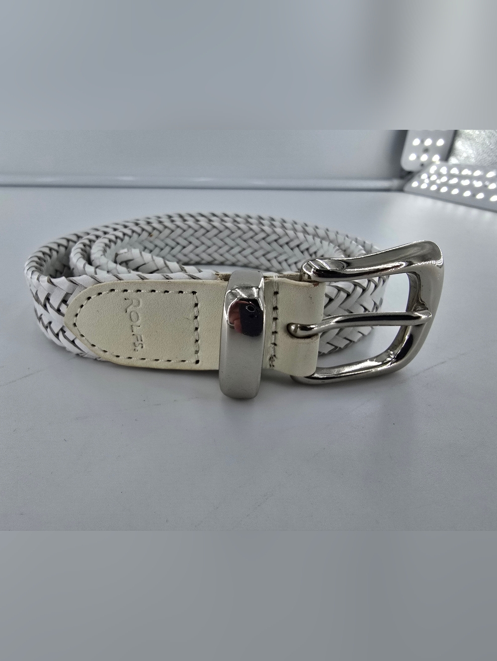 Rolfs White Braided Leather Belt with Shiny Silver Buckle
